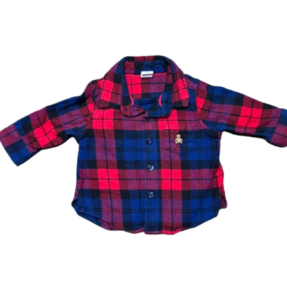 Baby Gap Bear Embroidery Red/Blue Plaid Button-Down Long Sleeve Size 3-6 Months